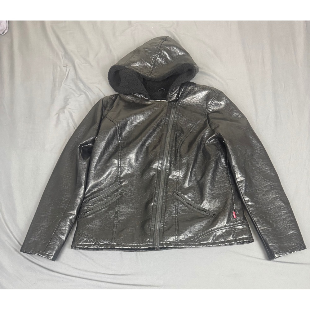 Levis Womens L Black Faux Leather Sherpa Lined Hooded Moto Jacket LW5RU163
